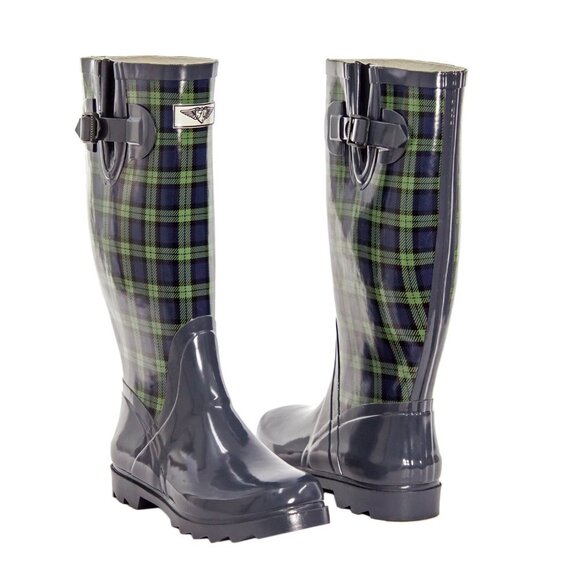 Women's Rainboots, Tall Rubber Rain Boots, RB-1407, Green Plaid, Size 6 - Picture 1 of 4